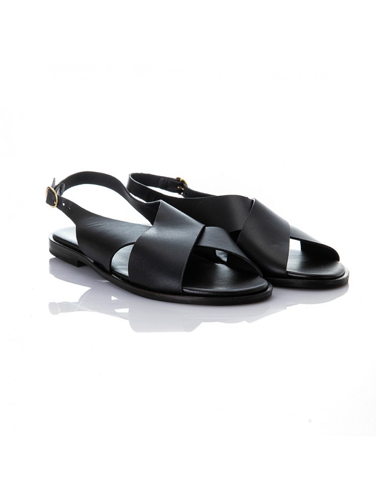 SOFIA MANTA Leather Sandal Black Δερμάτινα Μαύρα Χιαστί Γυναικεία Σανδάλια
