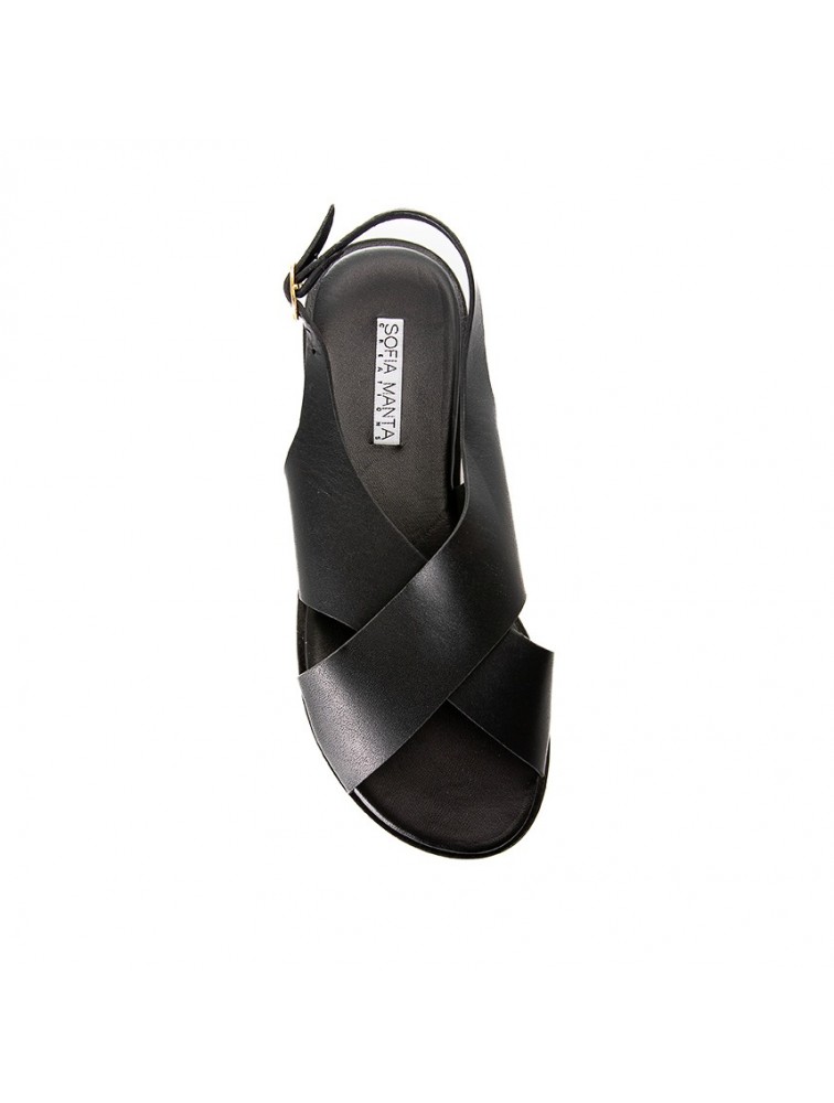 SOFIA MANTA Leather Sandal Black Δερμάτινα Μαύρα Χιαστί Γυναικεία Σανδάλια