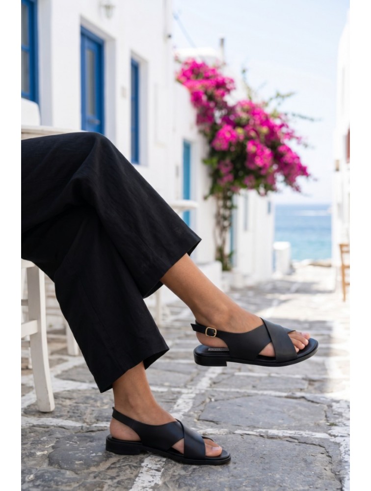SOFIA MANTA Leather Sandal Black Δερμάτινα Μαύρα Χιαστί Γυναικεία Σανδάλια
