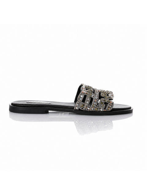 SOFIA MANTA Leather Sandal Black Μαύρα Γυναικεία Σανδάλια με Στρας