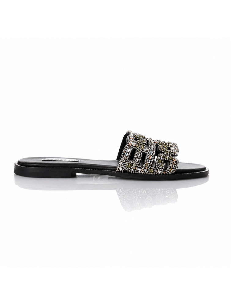 SOFIA MANTA Leather Sandal Black with Rhinestones
