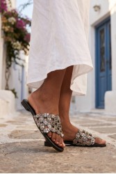 SOFIA MANTA Leather Sandal Black with Rhinestones