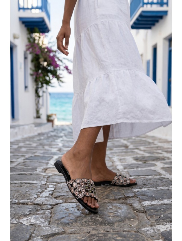 SOFIA MANTA Leather Sandal Black with Rhinestones