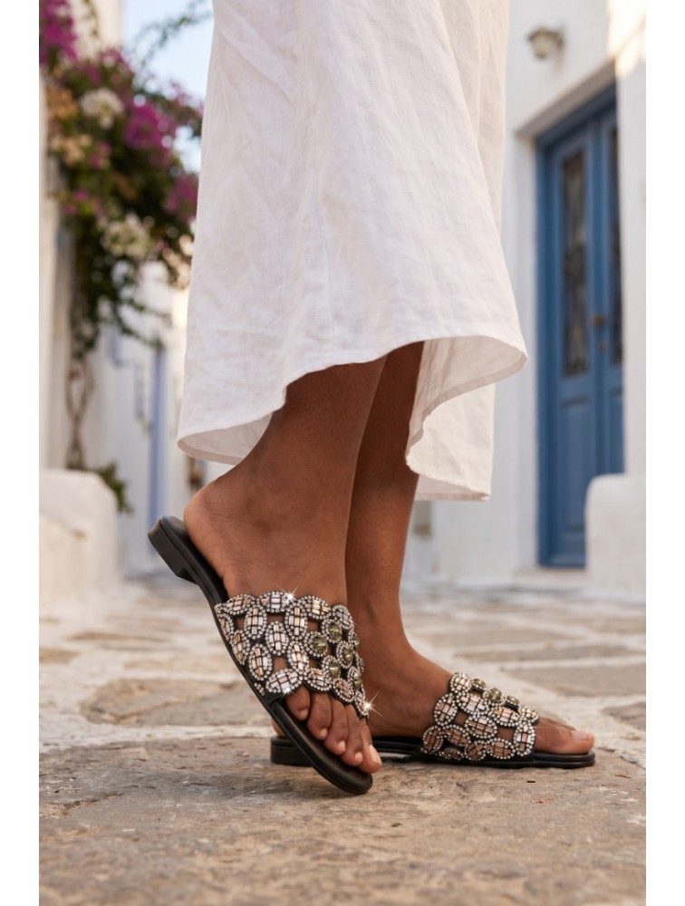SOFIA MANTA Leather Sandal Black with Rhinestones