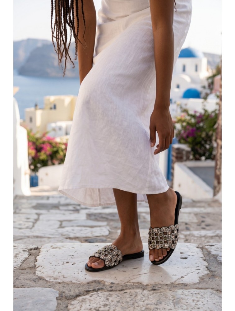 SOFIA MANTA Leather Sandal Black with Rhinestones
