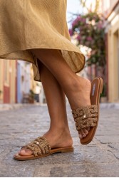 SOFIA MANTA Leather Sandal Gold with Rhinestones