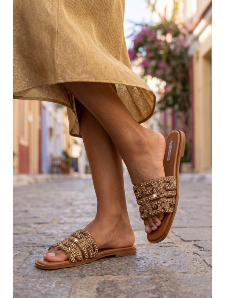 SOFIA MANTA Leather Sandal Gold with Rhinestones