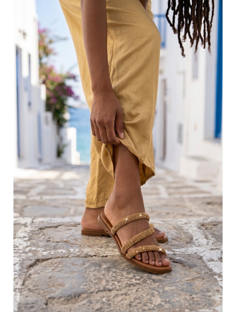SOFIA MANTA Leather Sandal Gold with Strass