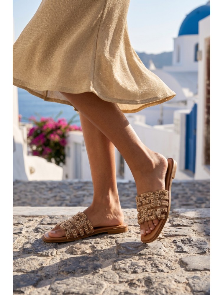 SOFIA MANTA Leather Sandal Gold with Rhinestones