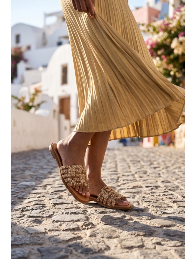 SOFIA MANTA Leather Sandal Gold with Rhinestones