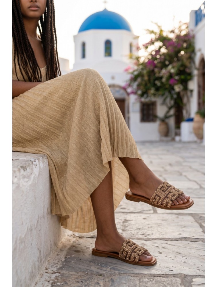 SOFIA MANTA Leather Sandal Gold with Rhinestones