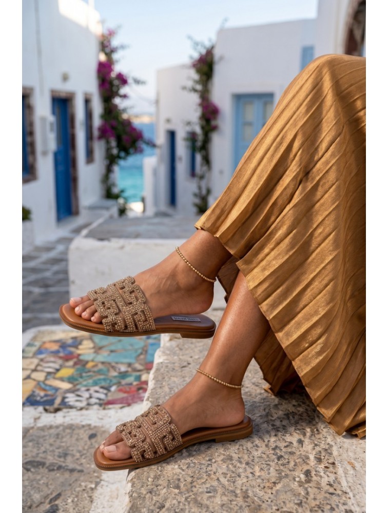 SOFIA MANTA Leather Sandal Gold with Rhinestones