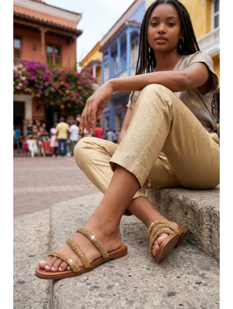 SOFIA MANTA Leather Sandal Gold with Strass