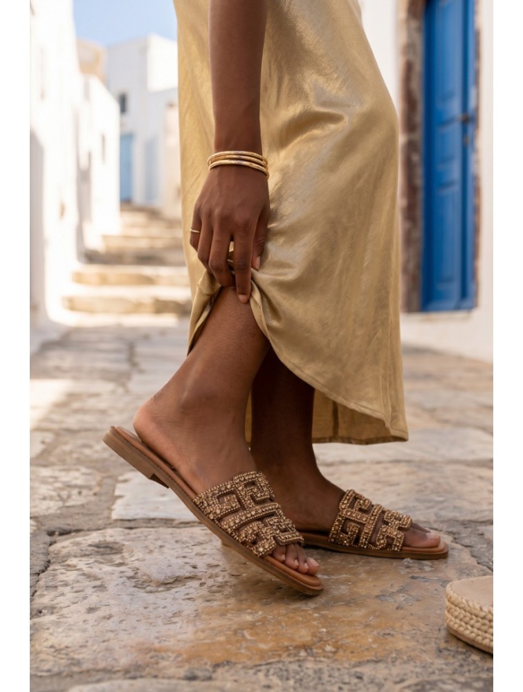 SOFIA MANTA Leather Sandal Gold with Rhinestones