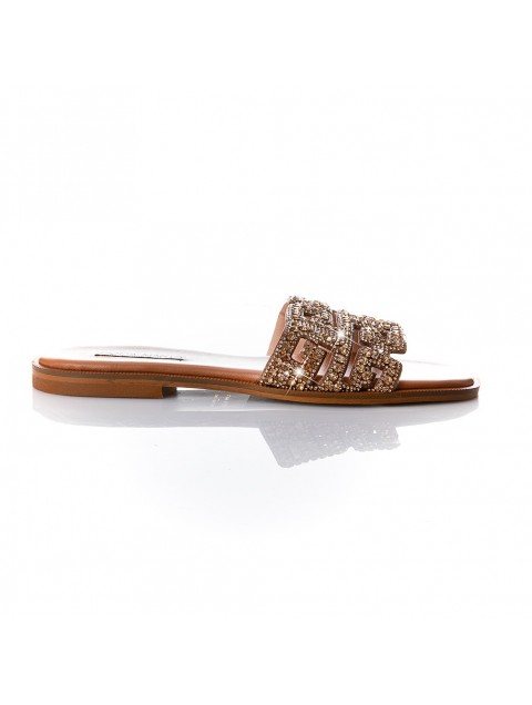 SOFIA MANTA Leather Sandal Gold Δερμάτινα Χρυσά Γυναικεία Σανδάλια με Στρας