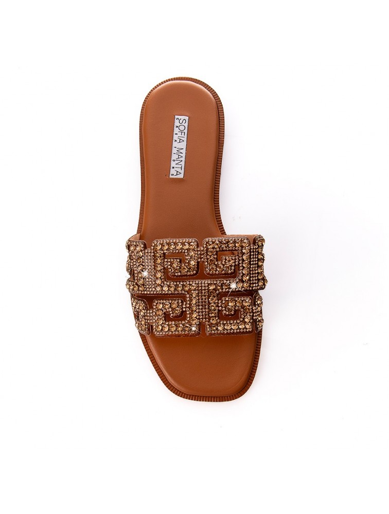 SOFIA MANTA Leather Sandal Gold with Rhinestones