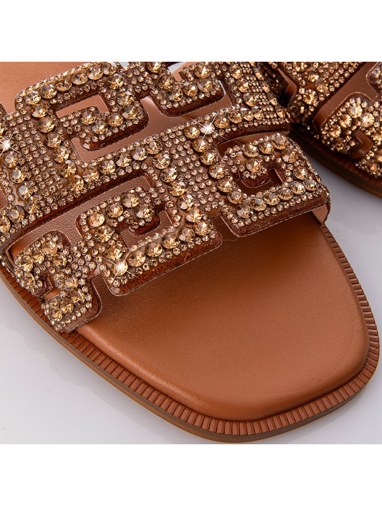 SOFIA MANTA Leather Sandal Gold with Rhinestones