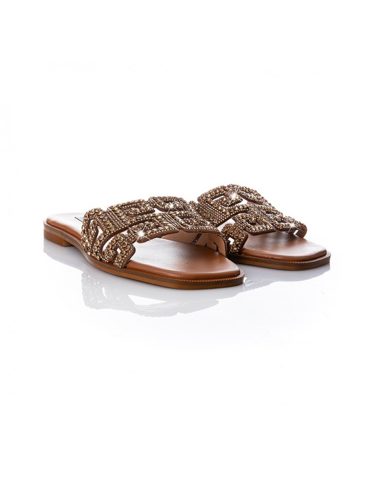 SOFIA MANTA Leather Sandal Gold with Rhinestones