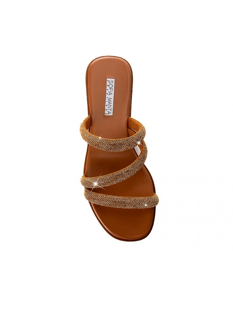 SOFIA MANTA Leather Sandal Gold with Strass