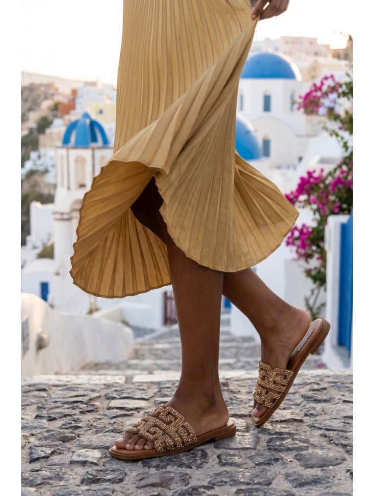 SOFIA MANTA Leather Sandal Gold with Rhinestones