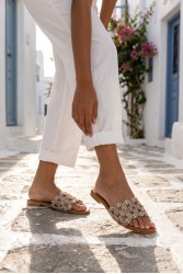 SOFIA MANTA Leather Sandal Tabac with Rhinestones