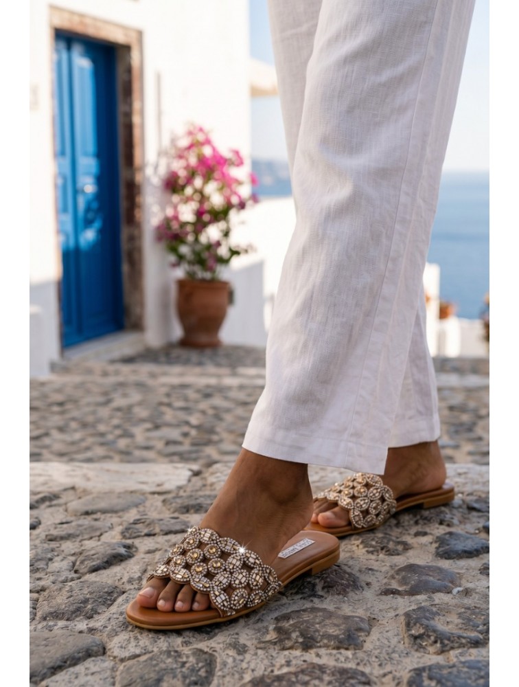 SOFIA MANTA Leather Sandal Tabac with Rhinestones
