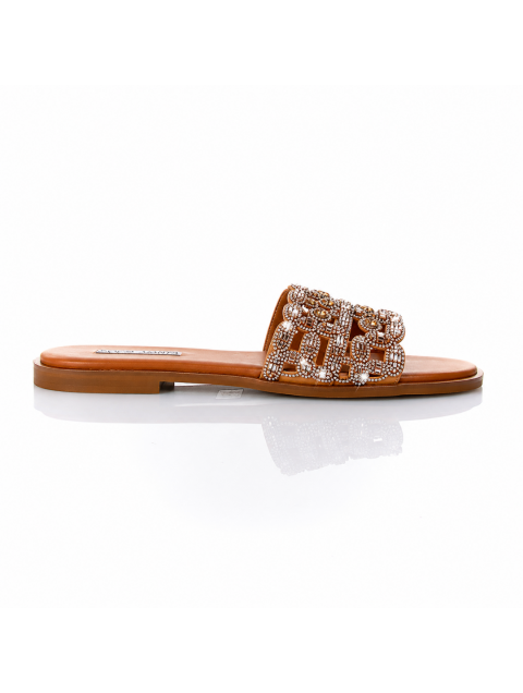 SOFIA MANTA Leather Sandal Tabac Ταμπά Γυναικεία Σανδάλια με Στρας