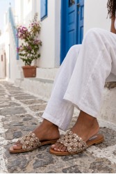 SOFIA MANTA Leather Sandal Tabac with Rhinestones