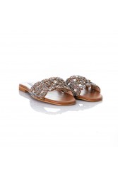 SOFIA MANTA Leather Sandal Tabac with Rhinestones
