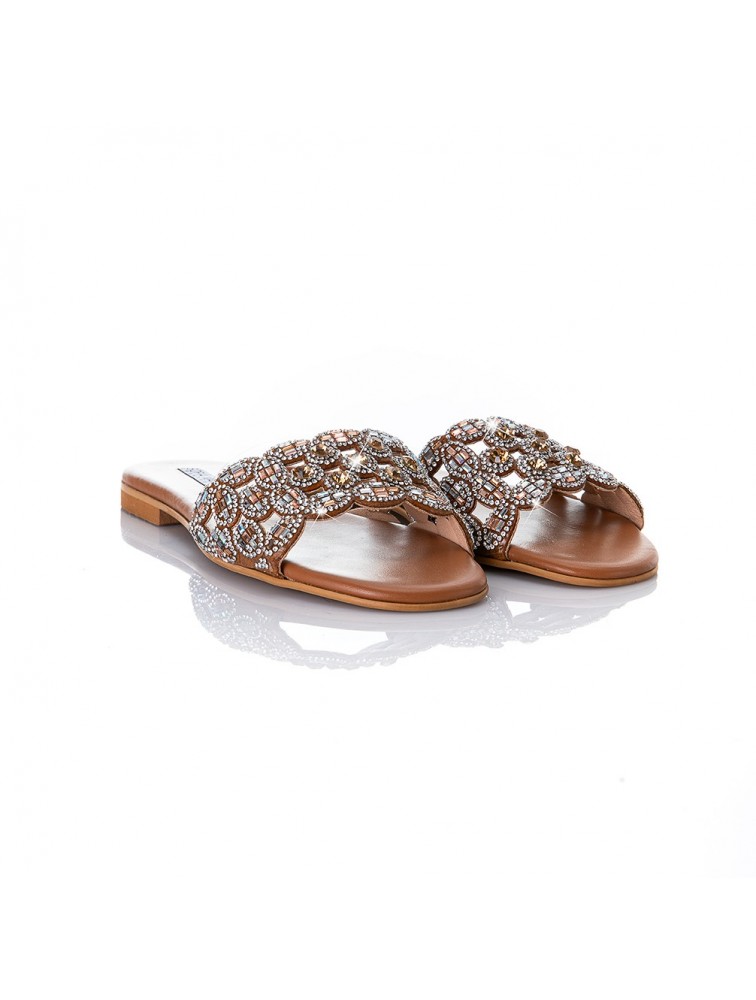SOFIA MANTA Leather Sandal Tabac with Rhinestones