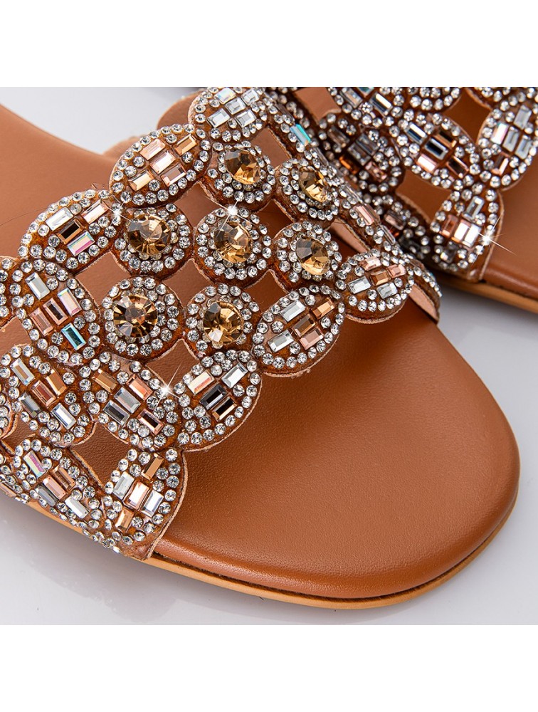 SOFIA MANTA Leather Sandal Tabac with Rhinestones