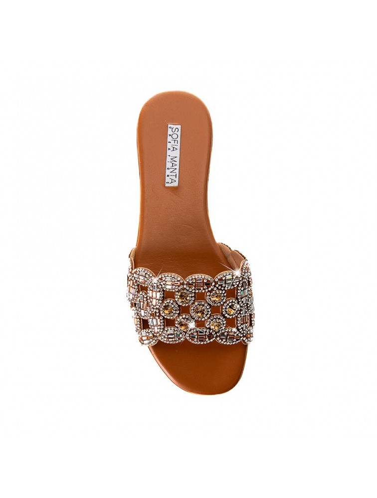 SOFIA MANTA Leather Sandal Tabac with Rhinestones