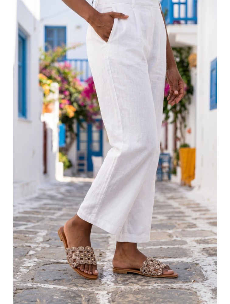 SOFIA MANTA Leather Sandal Tabac with Rhinestones