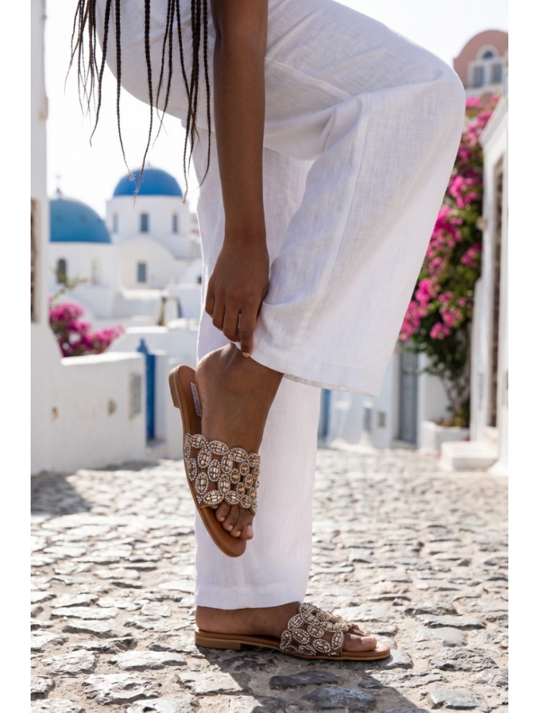 SOFIA MANTA Leather Sandal Tabac with Rhinestones