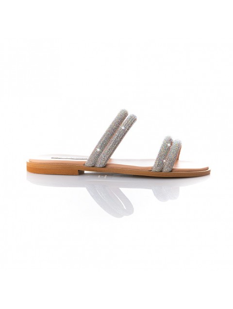 SOFIA MANTA Leather Silver Women's Sandals with Rhinestones