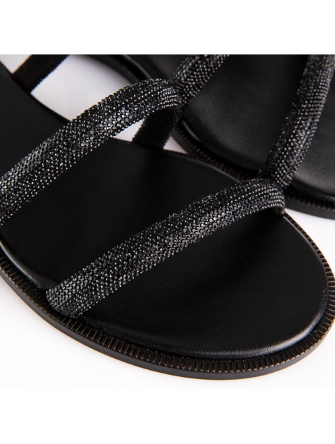 SOFIA MANTA Black Leather Women's Sandals with Rhinestones