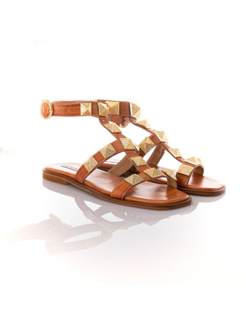 SOFIA MANTA Tabac leather women's sandals with metallic elements