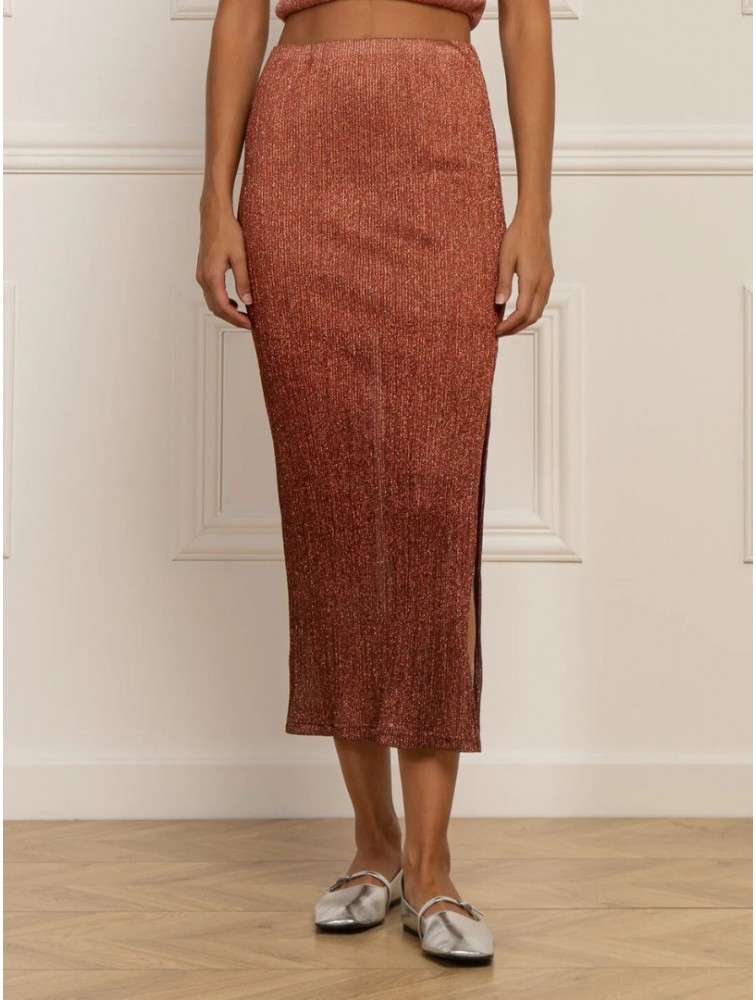 STEFANIA VAIDANI Juliaca Lurex Maxi Skirt Λούρεξ Σομόν Μάξι Φούστα