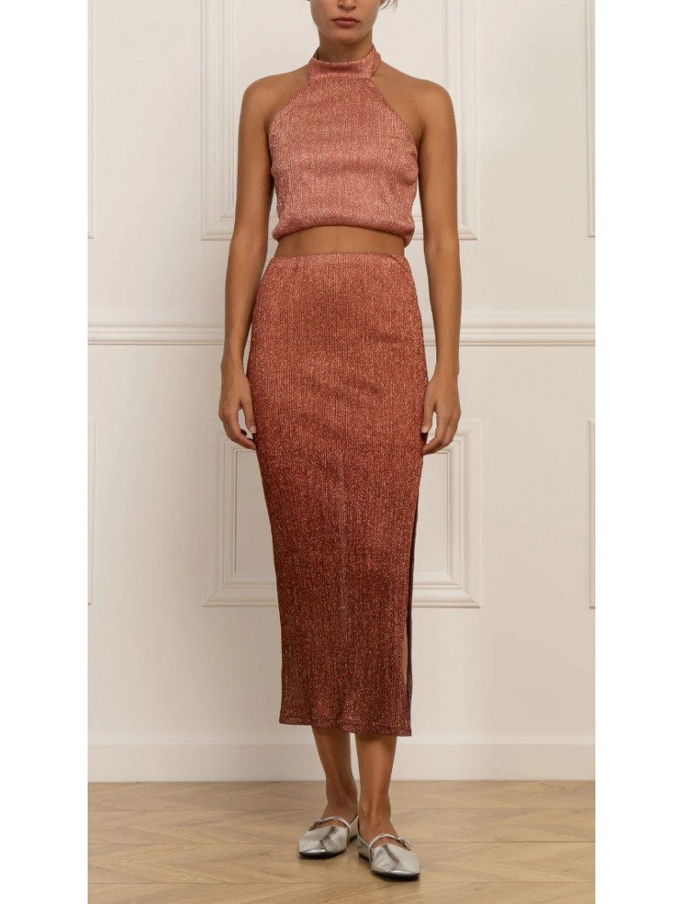 STEFANIA VAIDANI Juliaca Lurex Maxi Skirt Λούρεξ Σομόν Μάξι Φούστα