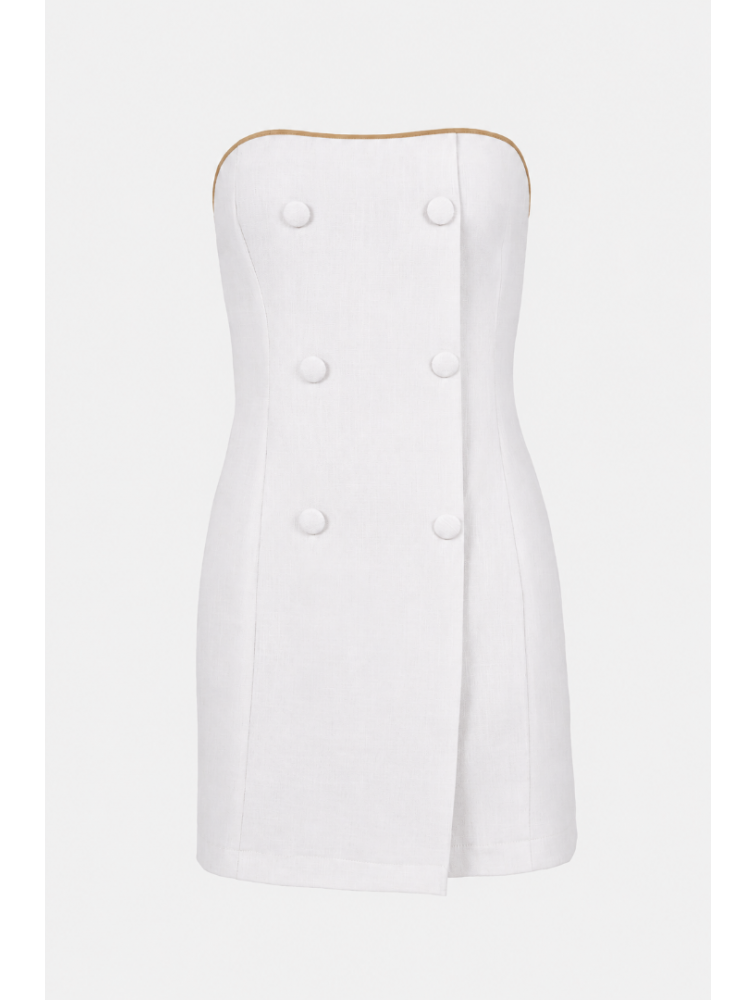 STEFANIA VAIDANI Anse Linen Dress Λευκό Μίνι Στράπλες Φόρεμα με Κουμπιά