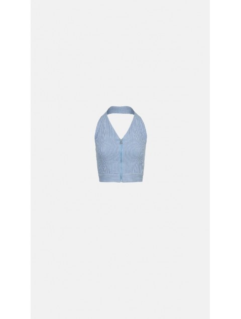 STEFANIA VAIDANI Aracaju Denim Top Striped Jean Top