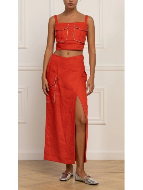 STEFANIA VAIDANI PARACAS LINEN CARGO SKIRT Coral STEFANIA VAIDANI PARACAS LINEN CARGO SKIRT Coral