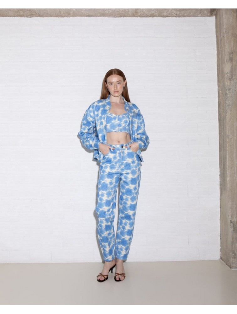 STUDIO 83 Flower Bomber Jacket Blue Μπλε Τζιν Τζάκετ