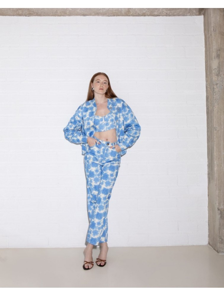 STUDIO 83 Jean Crop Top Flower Blue Μπλε Τζιν Τοπ