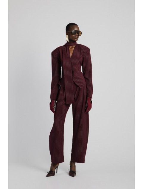 STUDIO 83 Blazer With Belt Burgundy Μπορντώ Σακάκι με Ρίγες