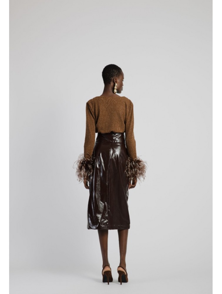STUDIO 83 Feather Cardigan Brown Καφέ Ζακέτα με Πούπουλα