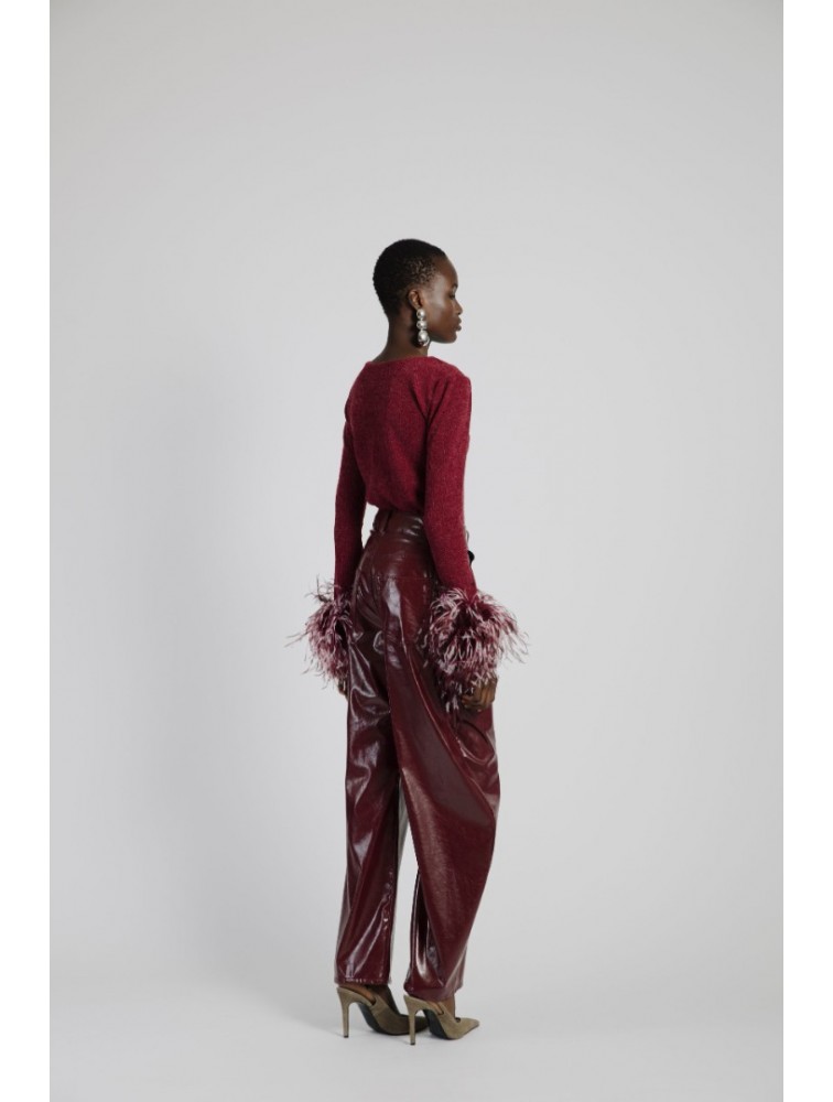 STUDIO 83 Feather Cardigan Burgundy Μπορντώ Ζακέτα με Πούπουλα