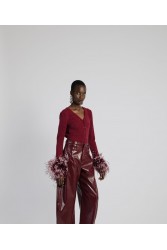 STUDIO 83 Feather Cardigan Burgundy Μπορντώ Ζακέτα με Πούπουλα