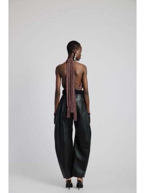 STUDIO 83 Leather Barrel Pants Black Μαύρο Δερμάτινο Παντελόνι