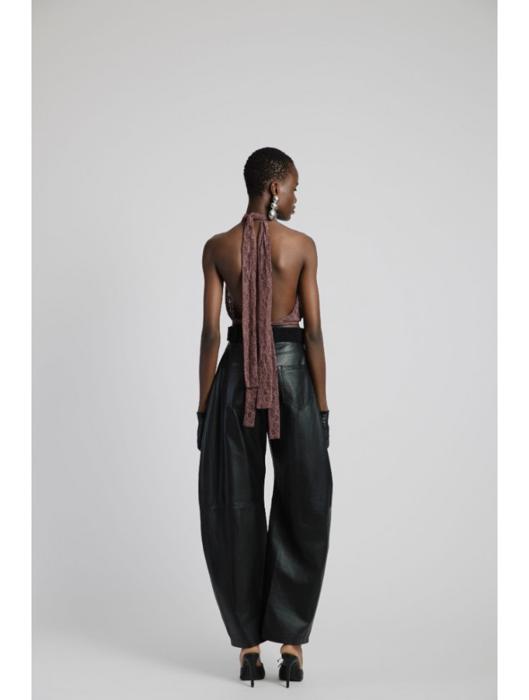 STUDIO 83 Leather Barrel Pants Black Μαύρο Δερμάτινο Παντελόνι